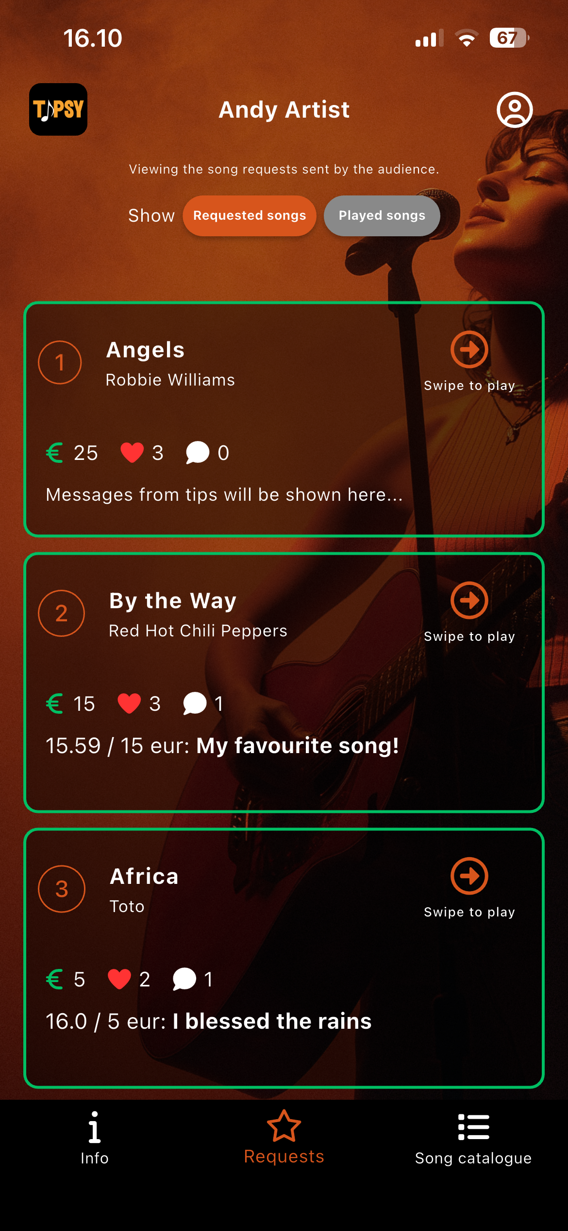 Artist live gig request list